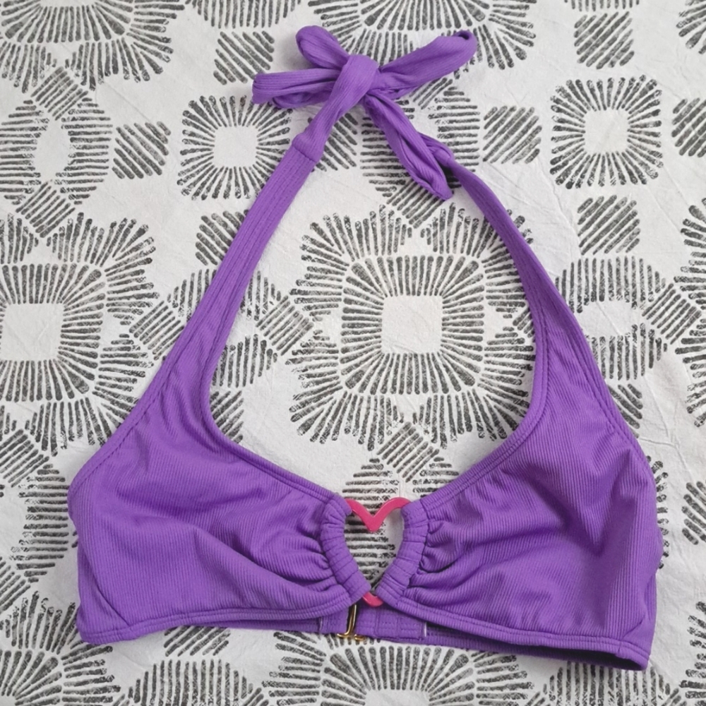 Wild Fable Heart ring detail ribbed halter swim top purple pink szS
